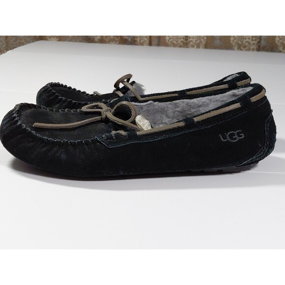 UGG Women's Slipper Moccasin Style Black Suede Sz 8 Indoor Outdoor Rubber Soles - Picture 6 of 13